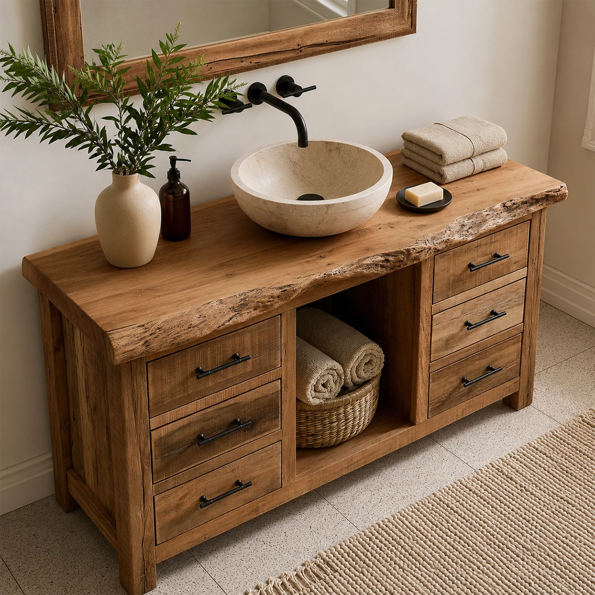 Natural Solid Wood Bathroom Vanity with Six Drawers and Open Center Shelf