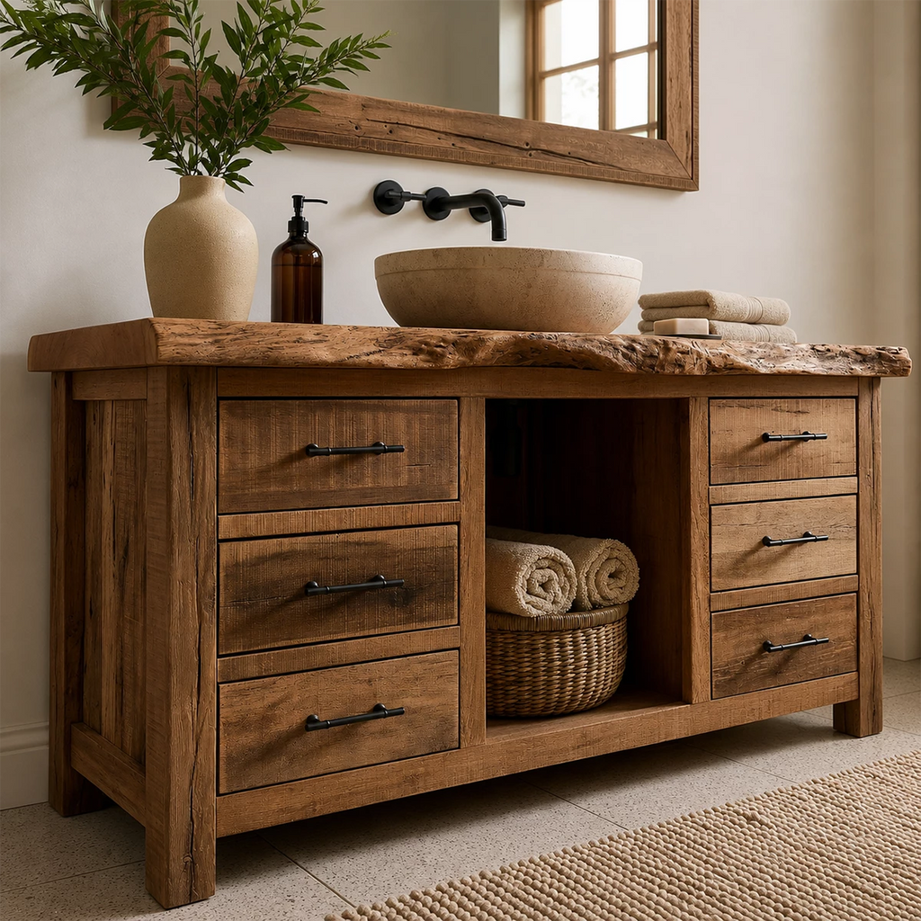 Natural Solid Wood Bathroom Vanity with Six Drawers and Open Center Shelf
