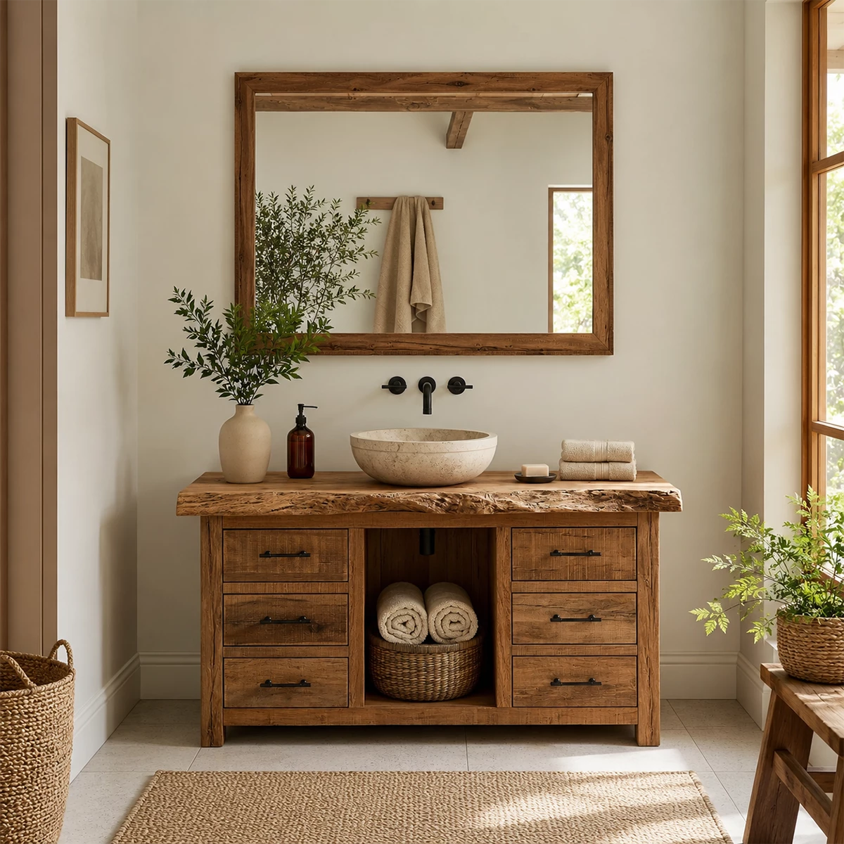 Natural Solid Wood Bathroom Vanity with Six Drawers and Open Center Shelf