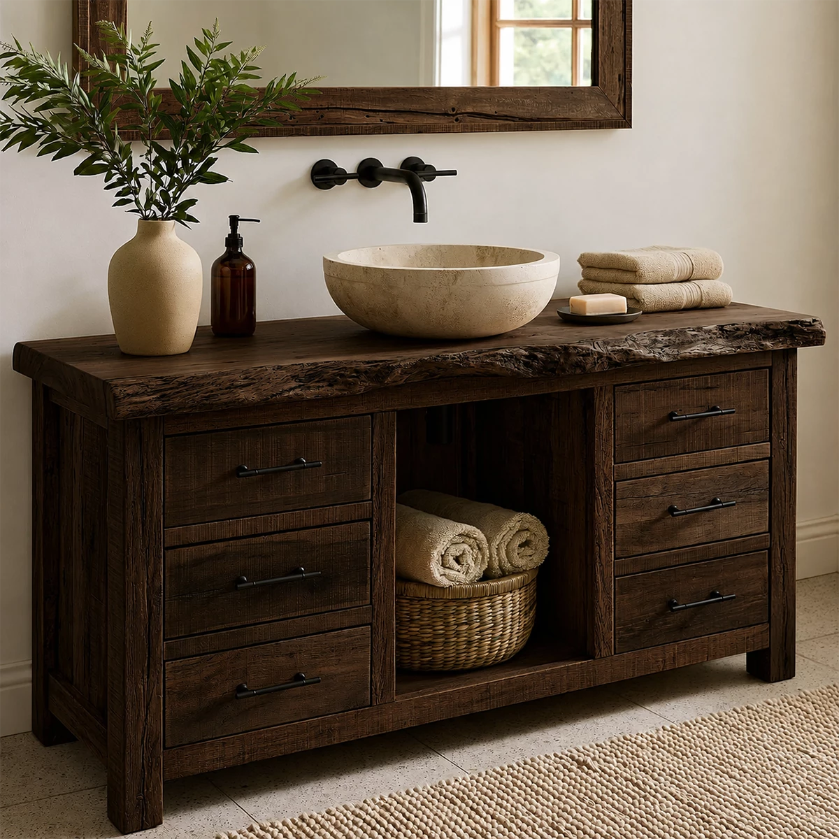 Natural Solid Wood Bathroom Vanity with Six Drawers and Open Center Shelf
