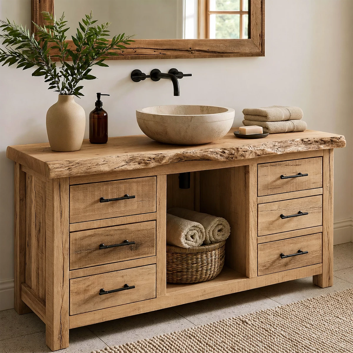 Natural Solid Wood Bathroom Vanity with Six Drawers and Open Center Shelf