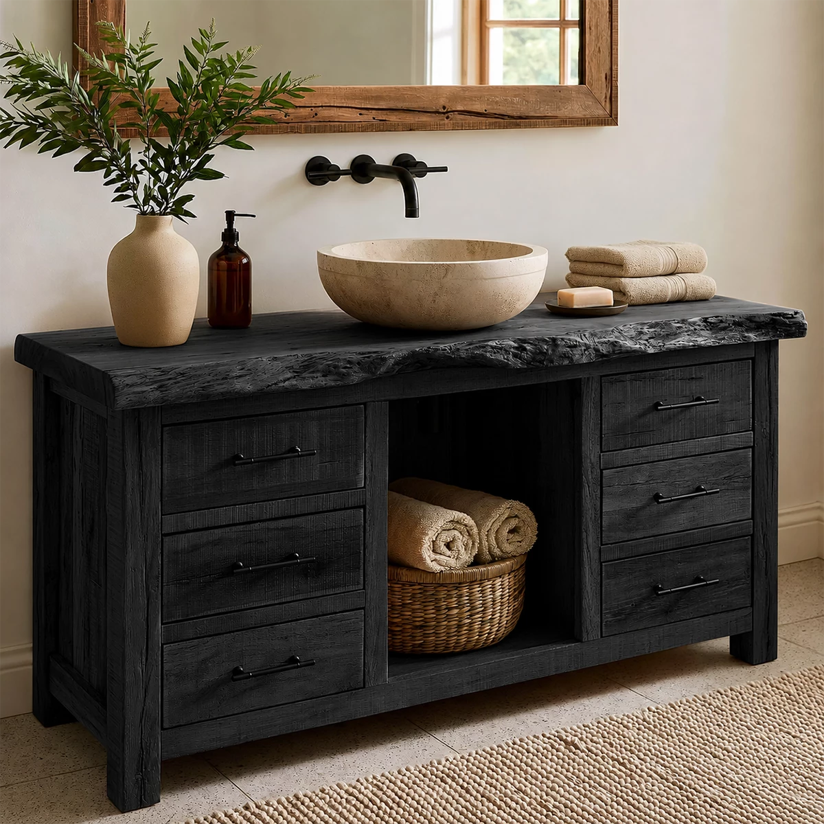 Natural Solid Wood Bathroom Vanity with Six Drawers and Open Center Shelf