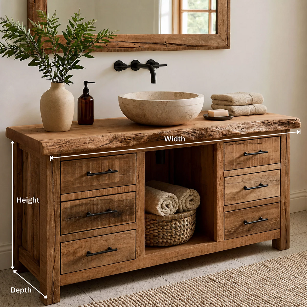 Natural Solid Wood Bathroom Vanity with Six Drawers and Open Center Shelf