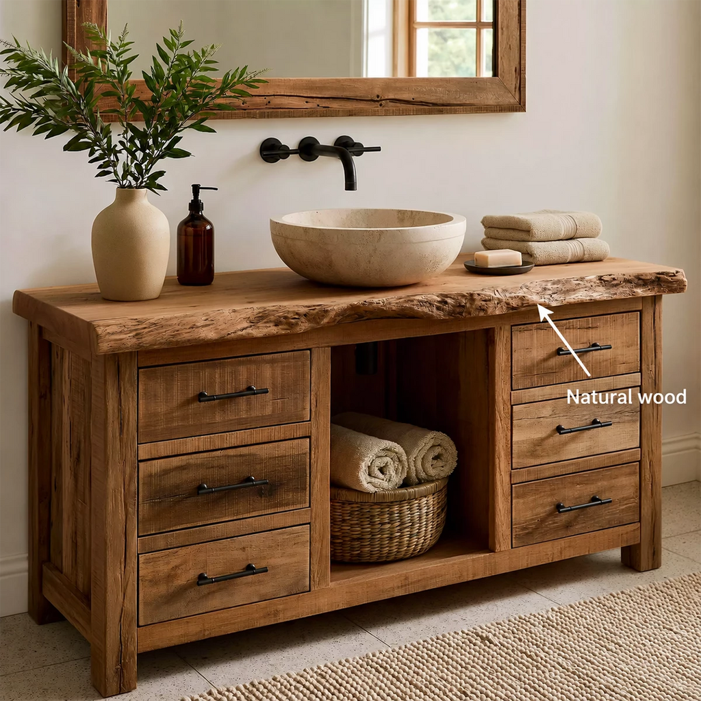 Natural Solid Wood Bathroom Vanity with Six Drawers and Open Center Shelf