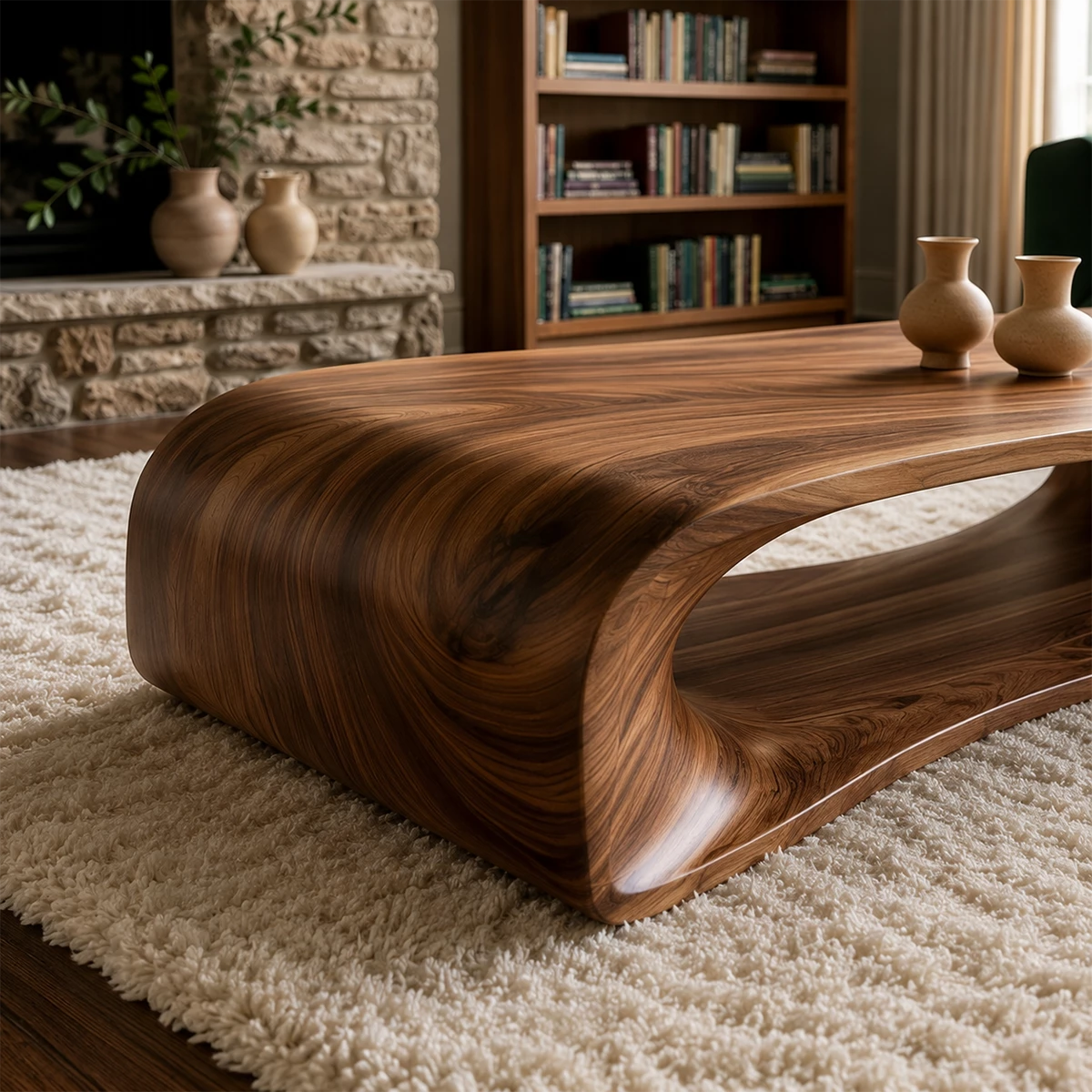 Curved Solid Wood Coffee Table With Sculptural Open Base For Living Room