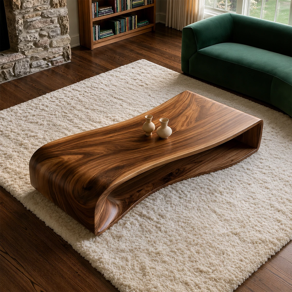 Curved Solid Wood Coffee Table With Sculptural Open Base For Living Room