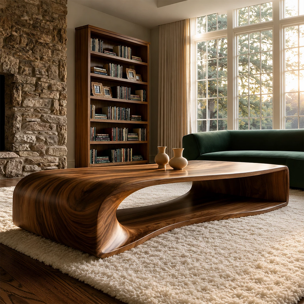 Curved Solid Wood Coffee Table With Sculptural Open Base For Living Room