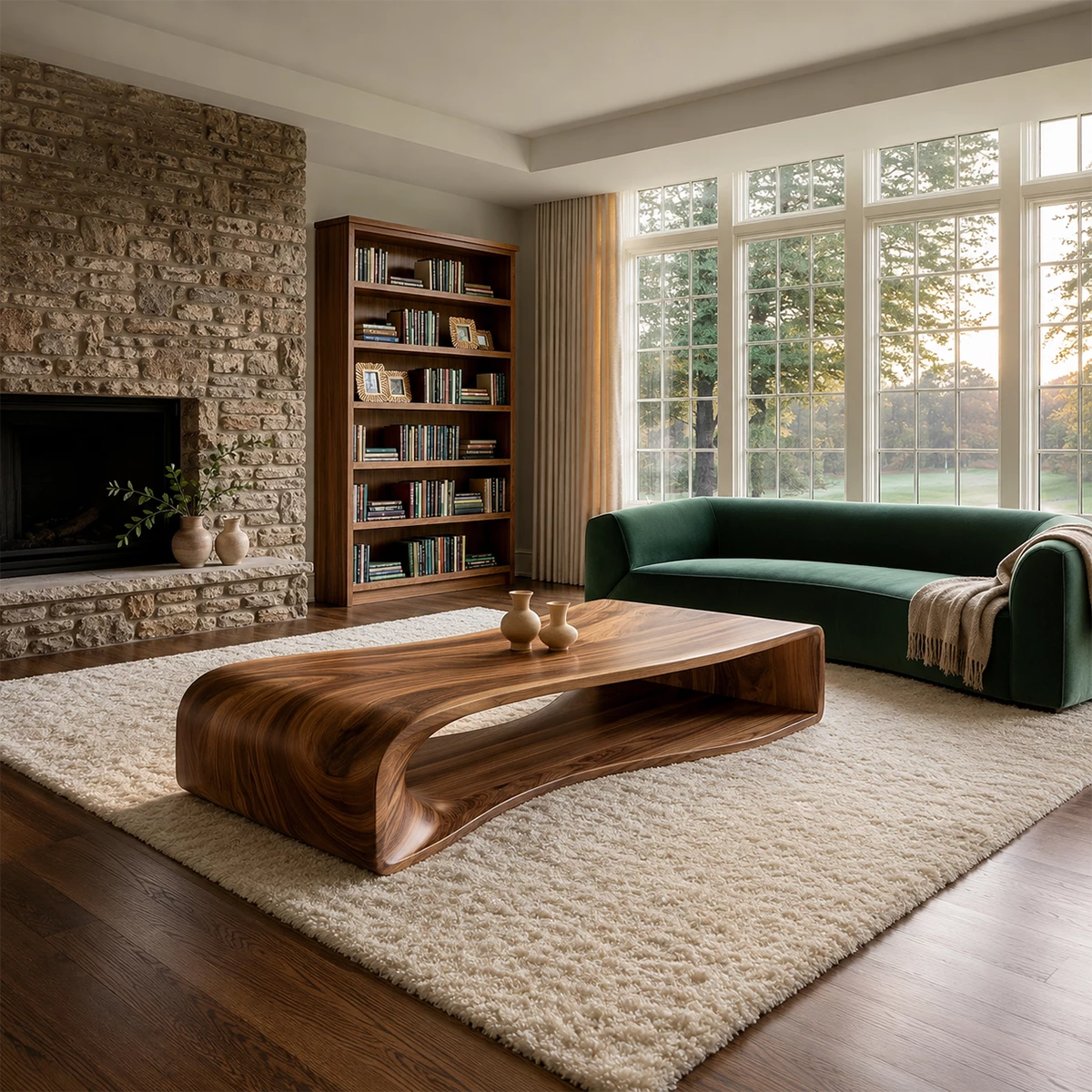 Curved Solid Wood Coffee Table With Sculptural Open Base For Living Room