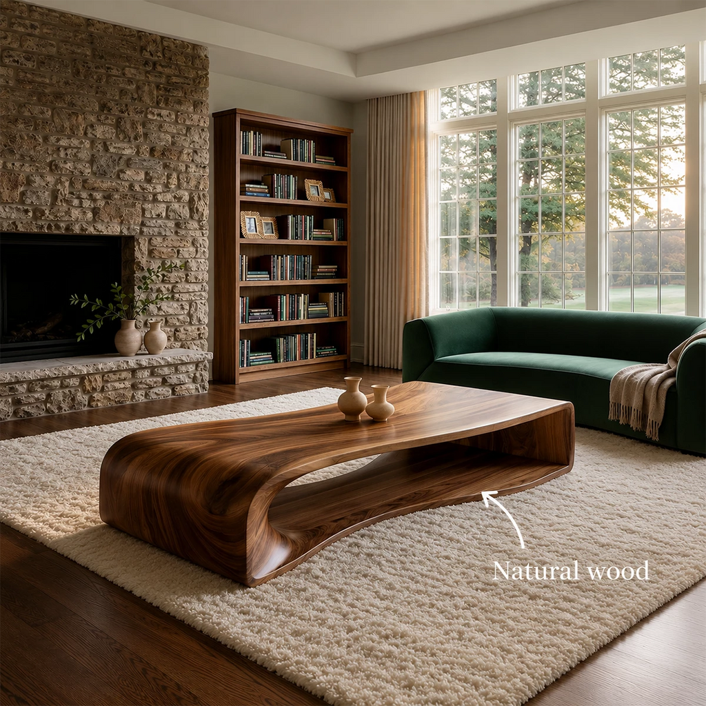 Curved Solid Wood Coffee Table With Sculptural Open Base For Living Room