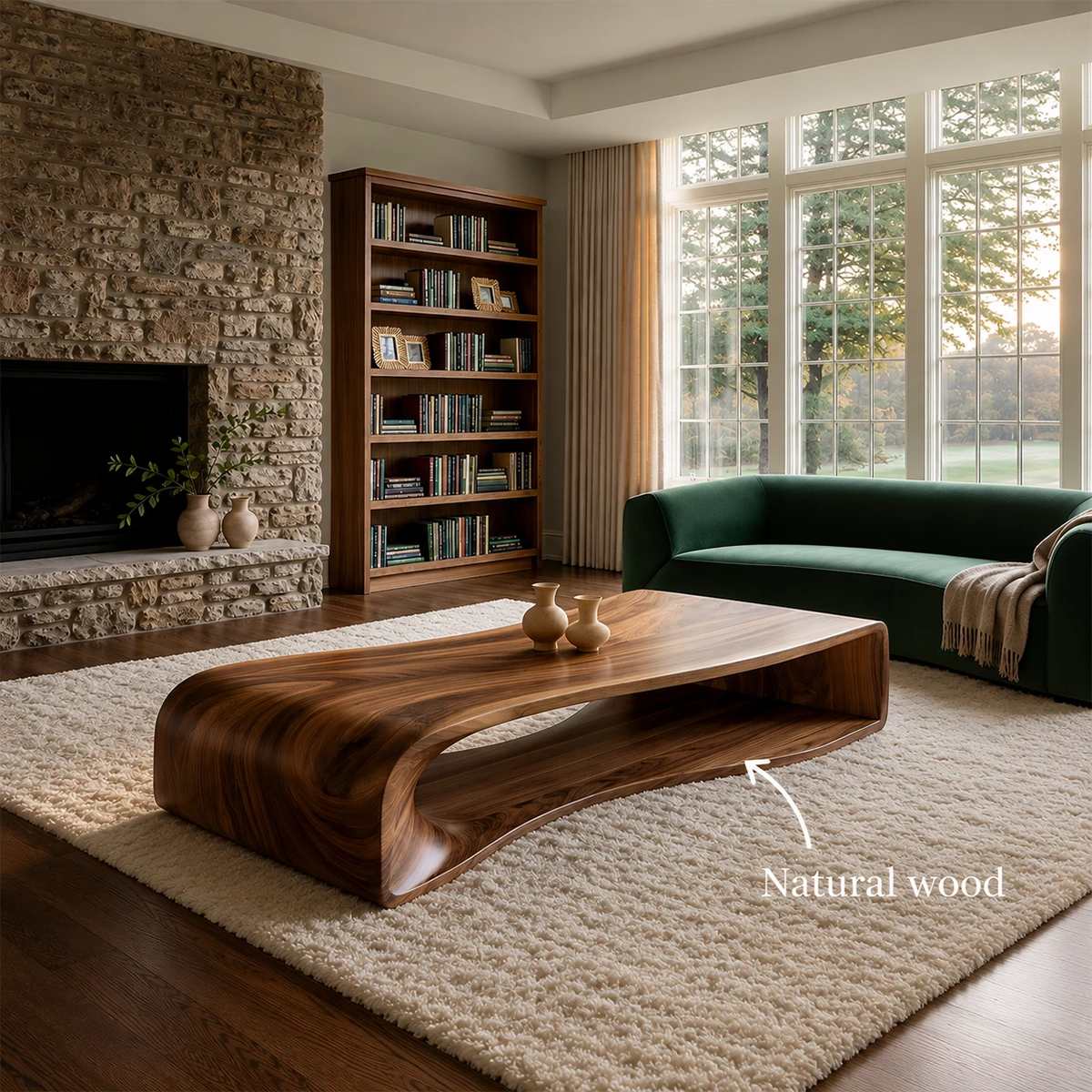 Curved Solid Wood Coffee Table With Sculptural Open Base For Living Room