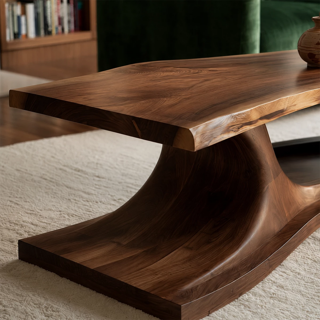 Sculptural Solid Wood Coffee Table With Live Edge Top And Storage Drawer Modern Organic Living Room Table
