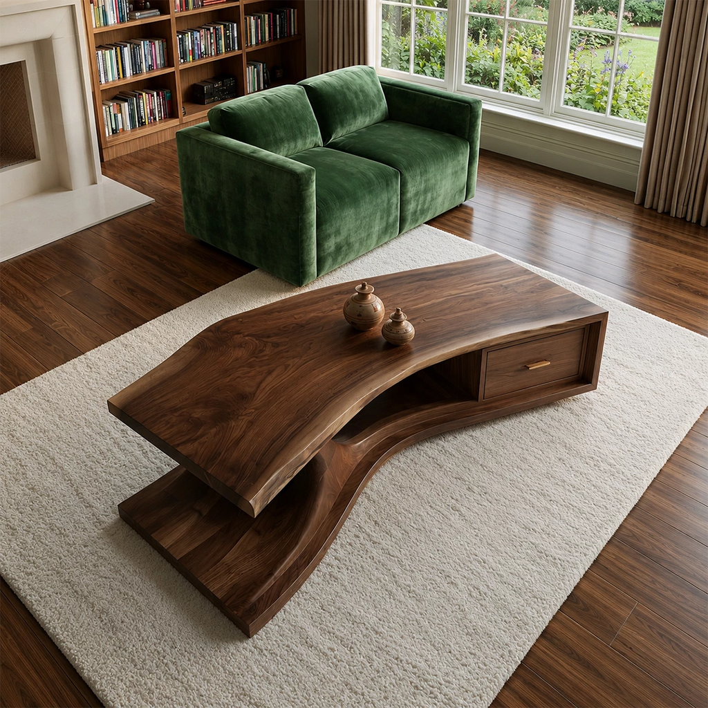 Sculptural Solid Wood Coffee Table With Live Edge Top And Storage Drawer Modern Organic Living Room Table
