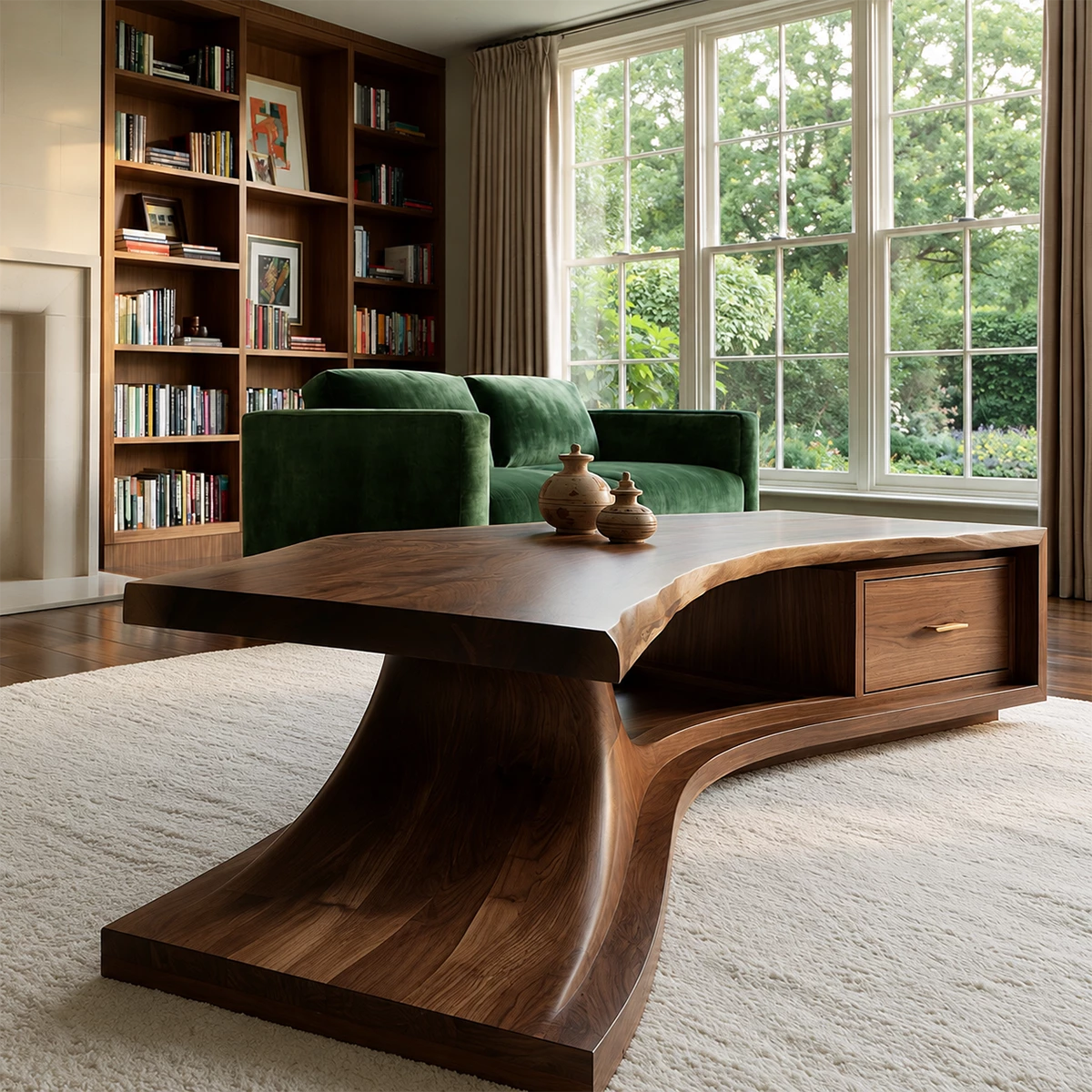 Sculptural Solid Wood Coffee Table With Live Edge Top And Storage Drawer Modern Organic Living Room Table