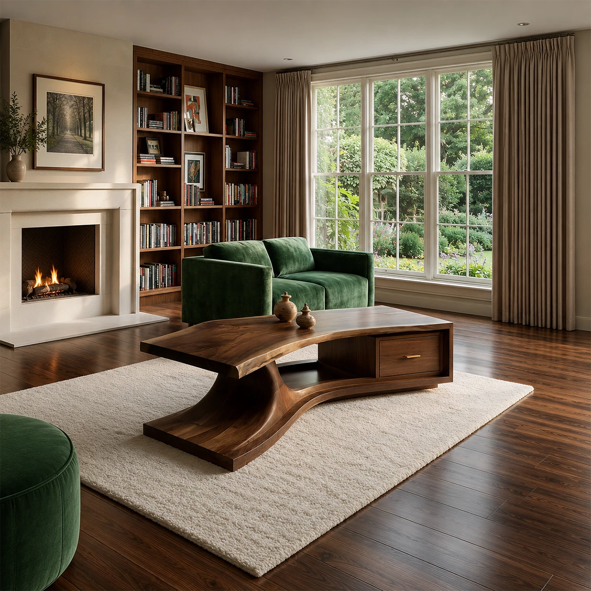 Sculptural Solid Wood Coffee Table With Live Edge Top And Storage Drawer Modern Organic Living Room Table