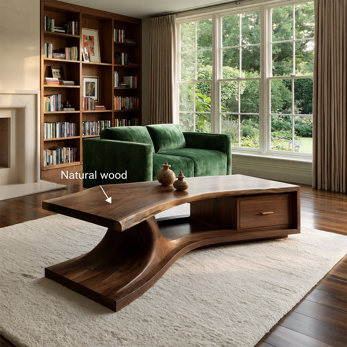 Sculptural Solid Wood Coffee Table With Live Edge Top And Storage Drawer Modern Organic Living Room Table