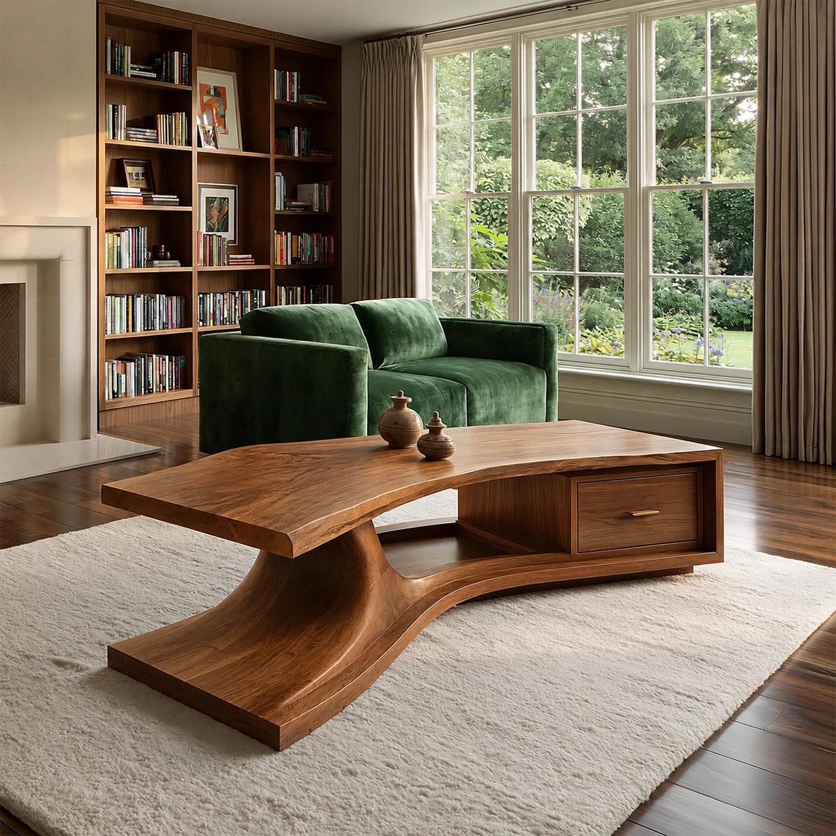 Sculptural Solid Wood Coffee Table With Live Edge Top And Storage Drawer Modern Organic Living Room Table