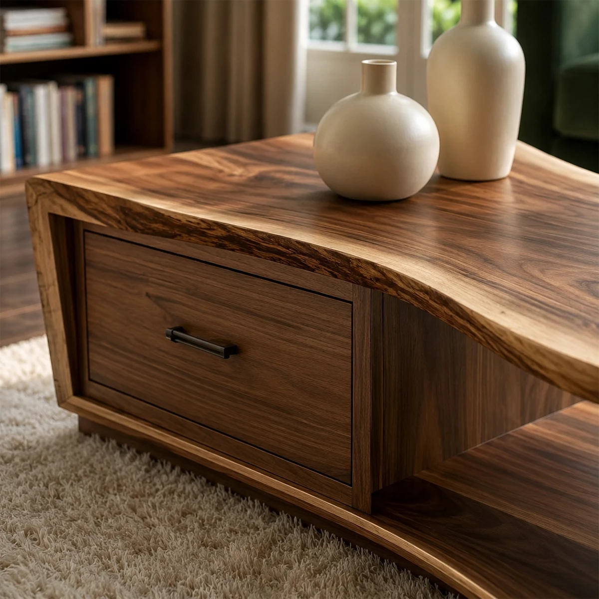 Solid Wood Coffee Table With Sculptural Curved Base Storage Drawer And Open Shelf For Modern Living Room