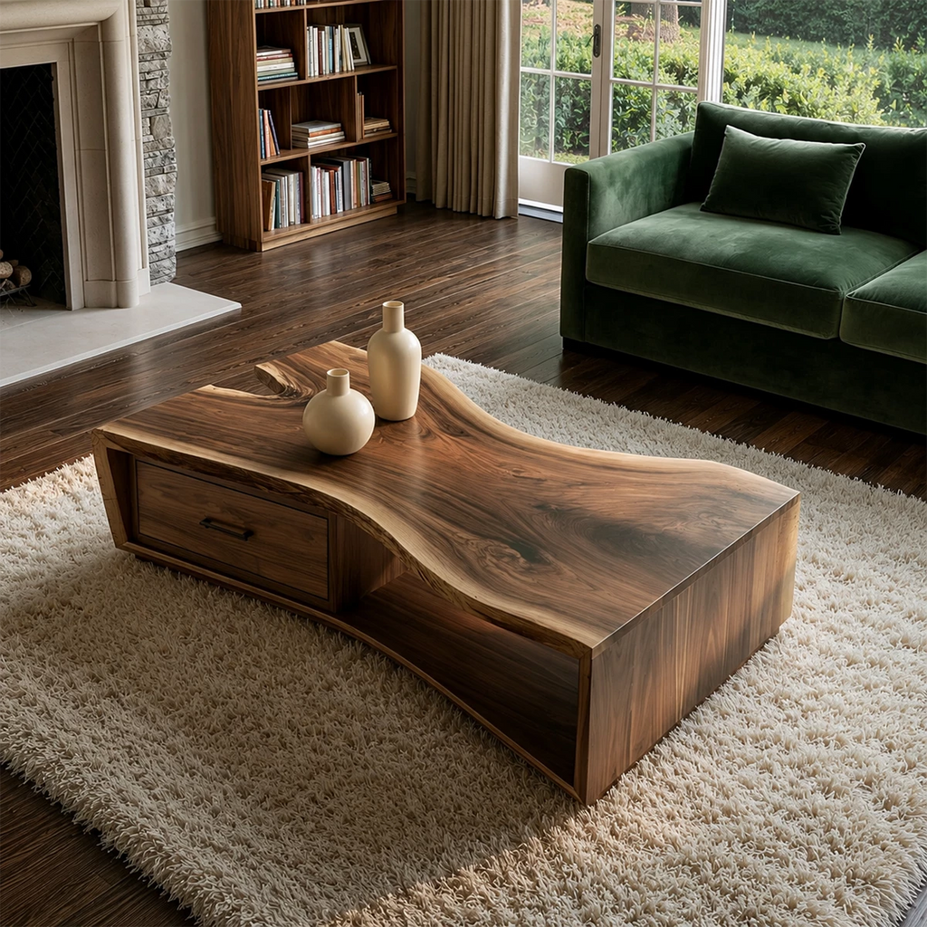 Solid Wood Coffee Table With Sculptural Curved Base Storage Drawer And Open Shelf For Modern Living Room