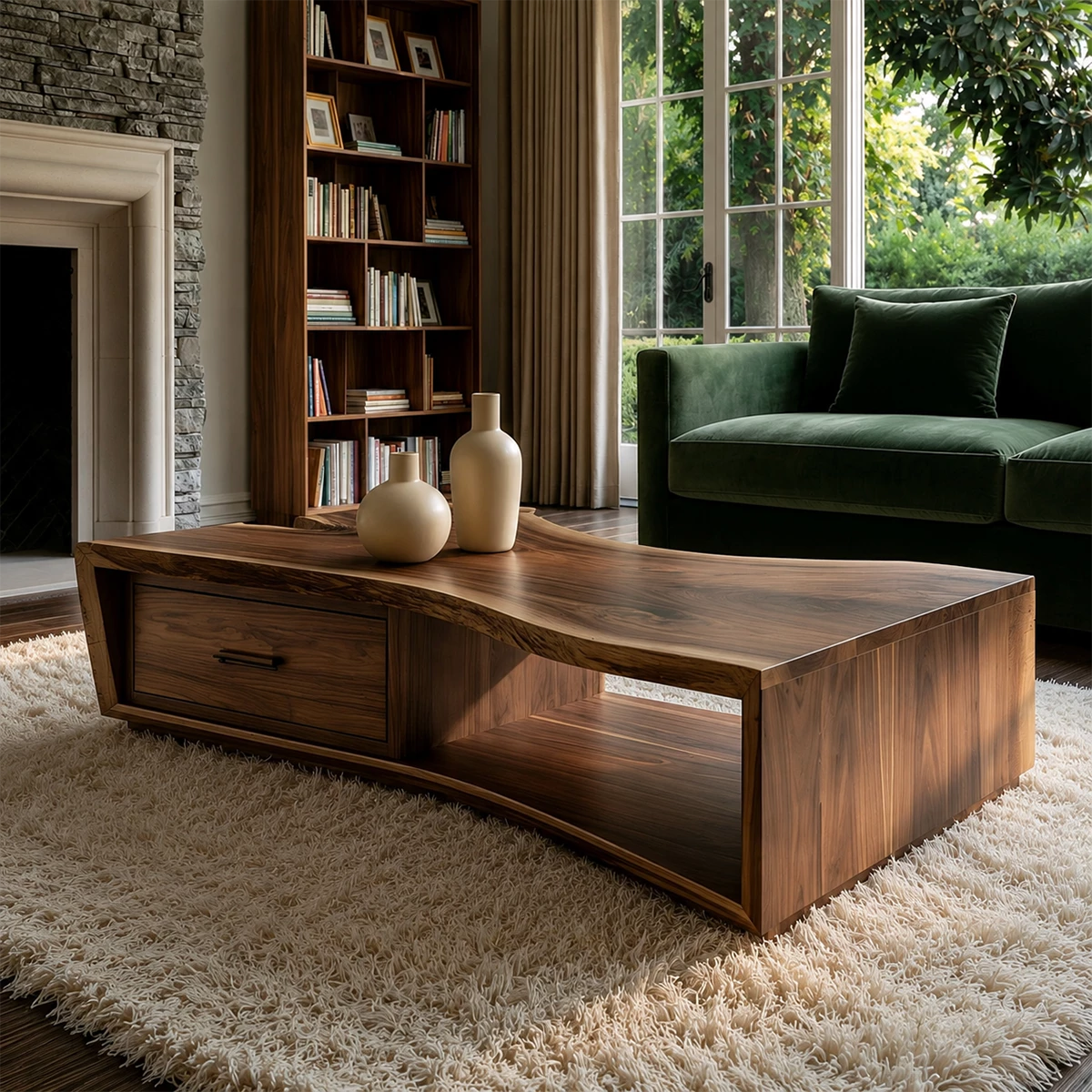 Solid Wood Coffee Table With Sculptural Curved Base Storage Drawer And Open Shelf For Modern Living Room