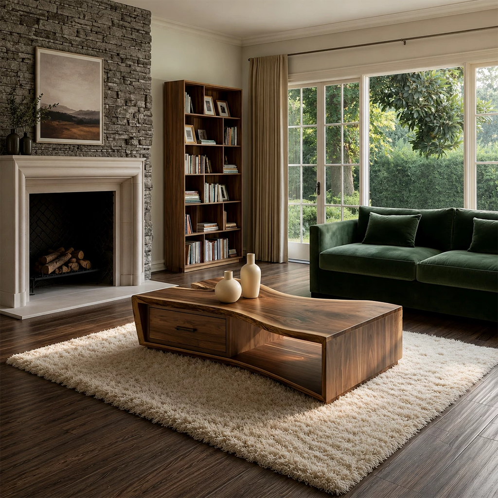 Solid Wood Coffee Table With Sculptural Curved Base Storage Drawer And Open Shelf For Modern Living Room