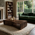 Solid Wood Coffee Table With Sculptural Curved Base Storage Drawer And Open Shelf For Modern Living Room