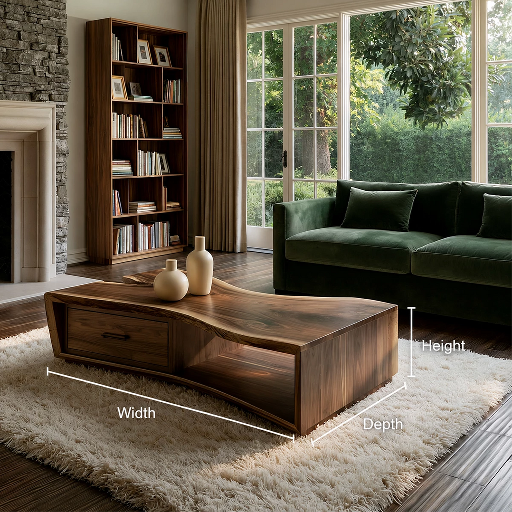 Solid Wood Coffee Table With Sculptural Curved Base Storage Drawer And Open Shelf For Modern Living Room