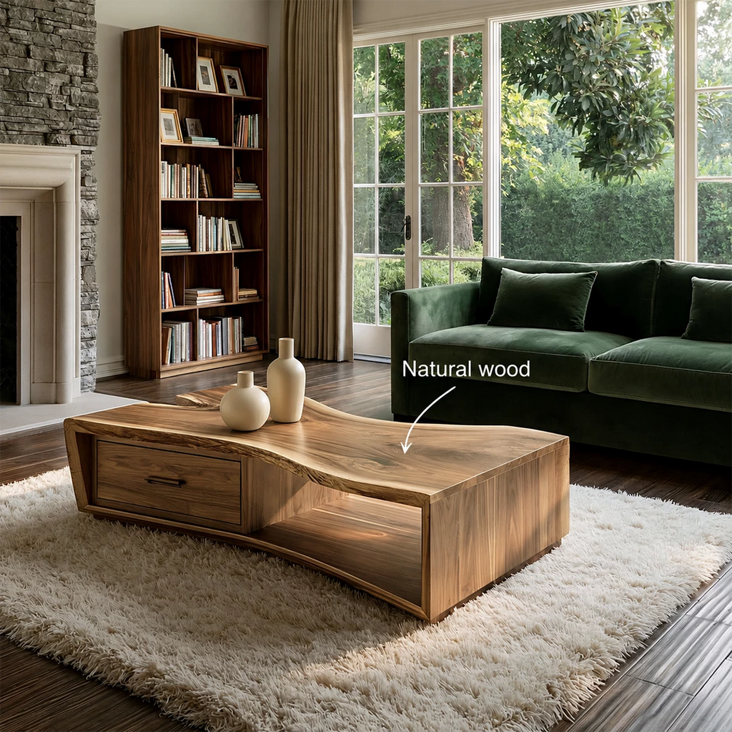 Solid Wood Coffee Table With Sculptural Curved Base Storage Drawer And Open Shelf For Modern Living Room
