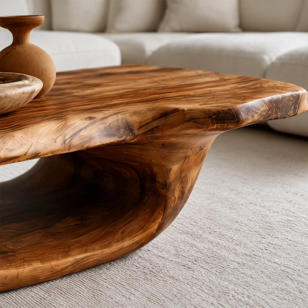 Organic Solid Wood Coffee Table With Sculptural Hollow Base And Live Edge Top For Modern Living Room