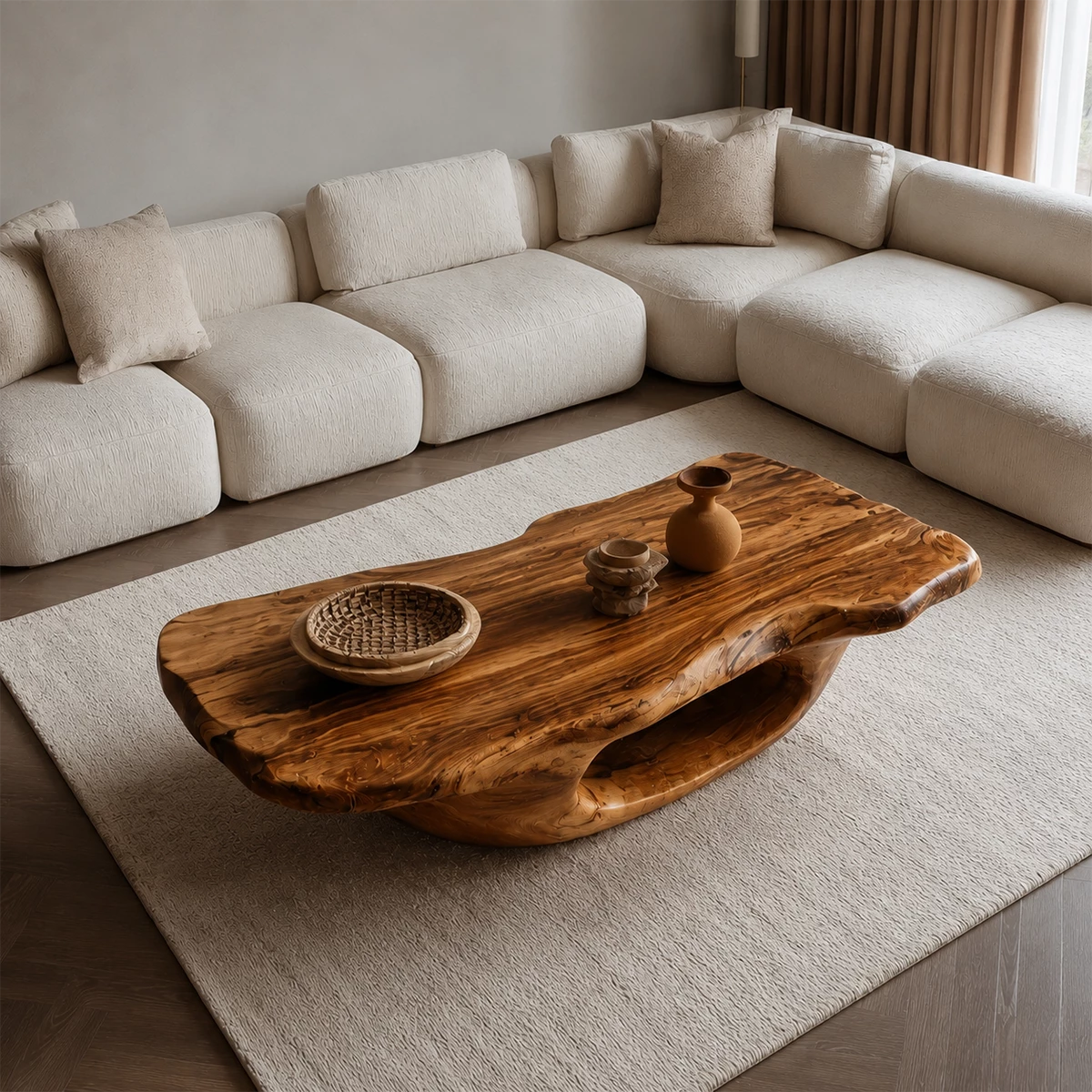 Organic Solid Wood Coffee Table With Sculptural Hollow Base And Live Edge Top For Modern Living Room