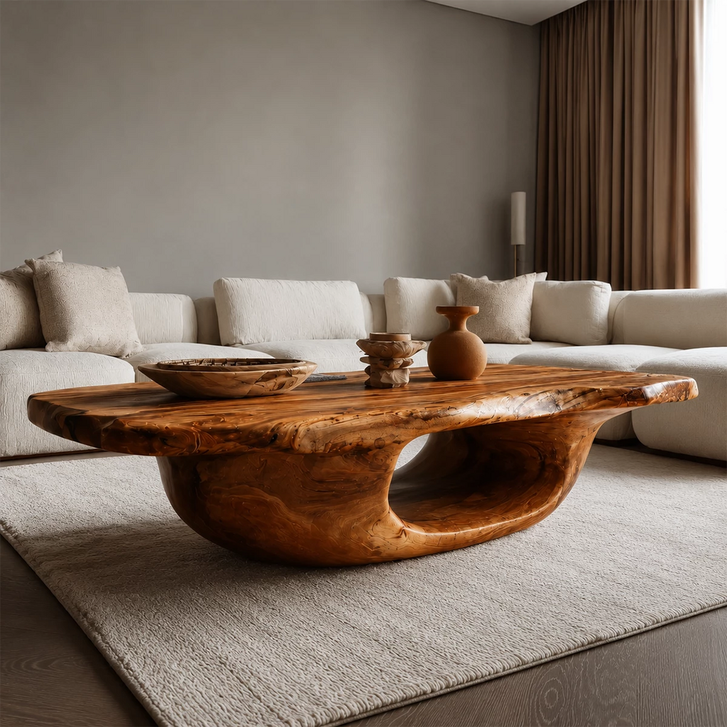 Organic Solid Wood Coffee Table With Sculptural Hollow Base And Live Edge Top For Modern Living Room