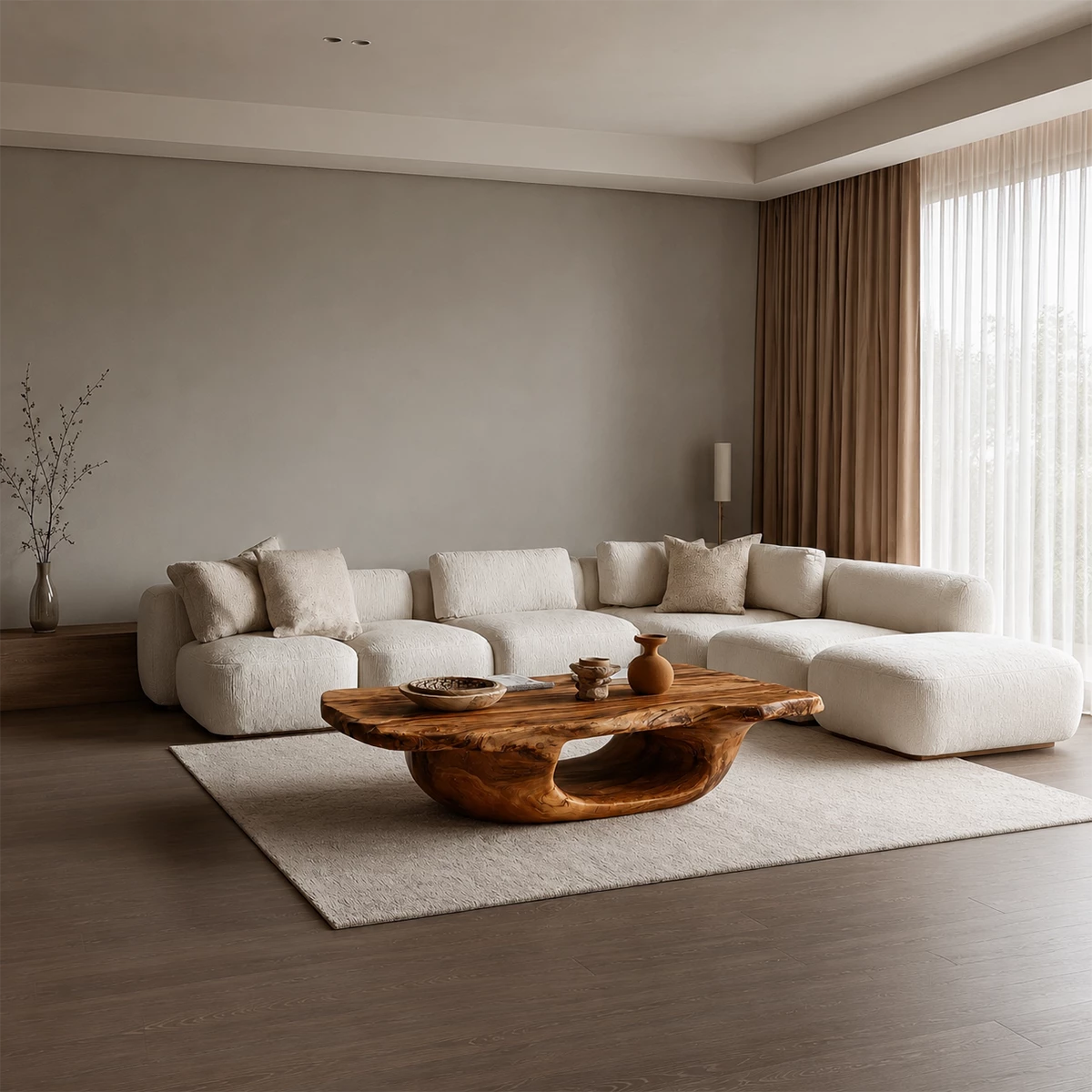 Organic Solid Wood Coffee Table With Sculptural Hollow Base And Live Edge Top For Modern Living Room