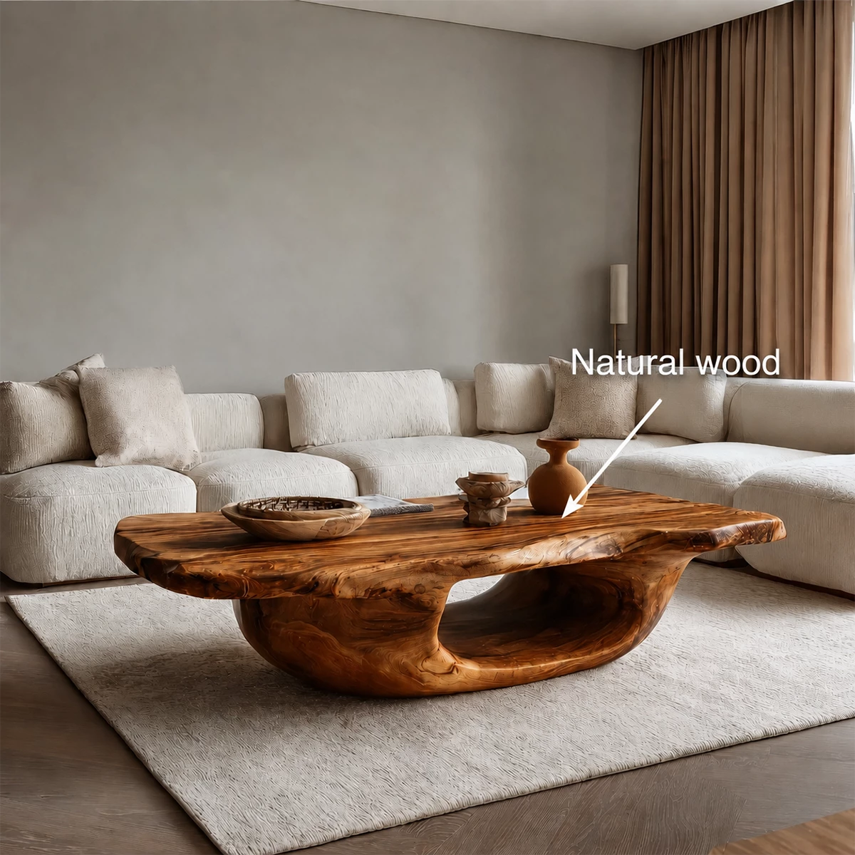 Organic Solid Wood Coffee Table With Sculptural Hollow Base And Live Edge Top For Modern Living Room