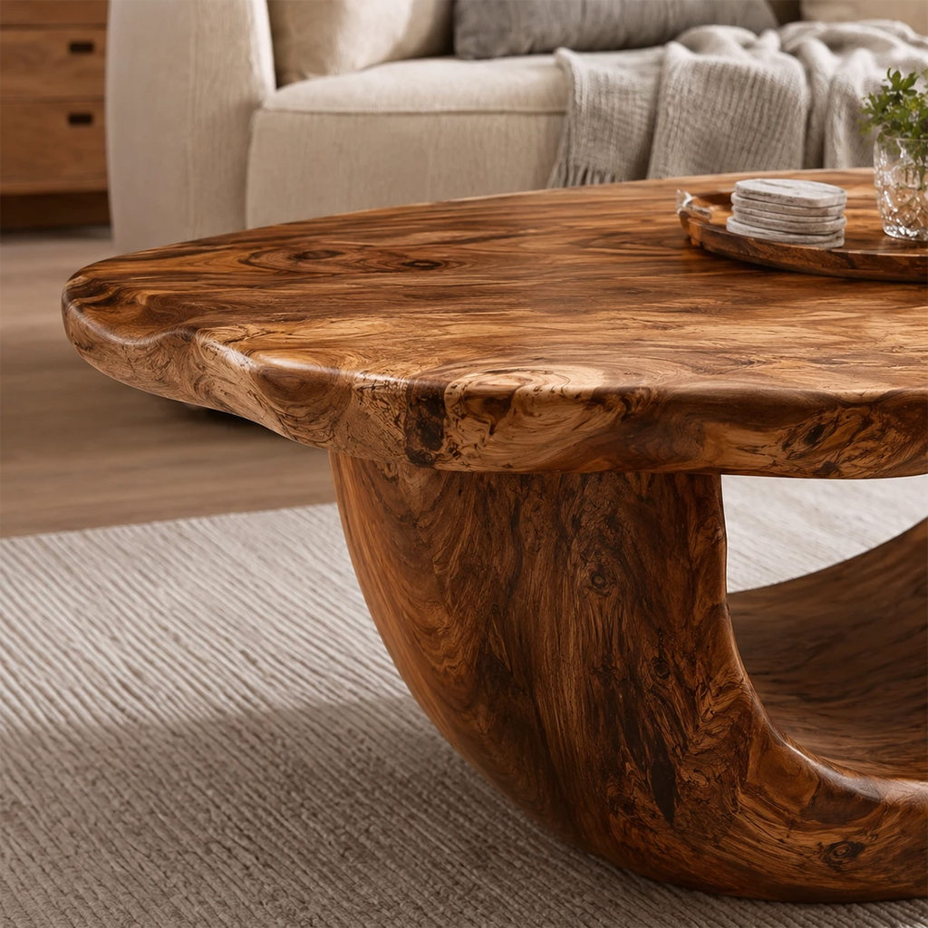 Organic Solid Wood Coffee Table With Sculptural Hollow Base And Live Edge Top For Modern Living Room