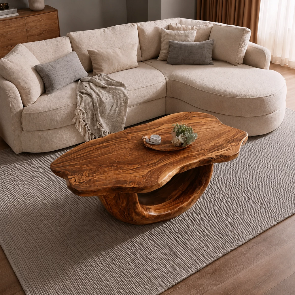 Organic Solid Wood Coffee Table With Sculptural Hollow Base And Live Edge Top For Modern Living Room