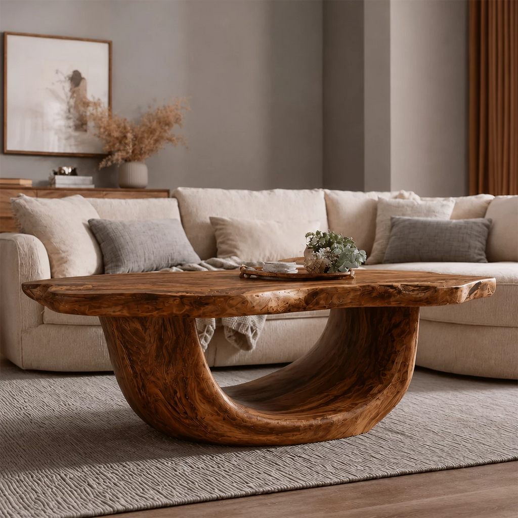 Organic Solid Wood Coffee Table With Sculptural Hollow Base And Live Edge Top For Modern Living Room