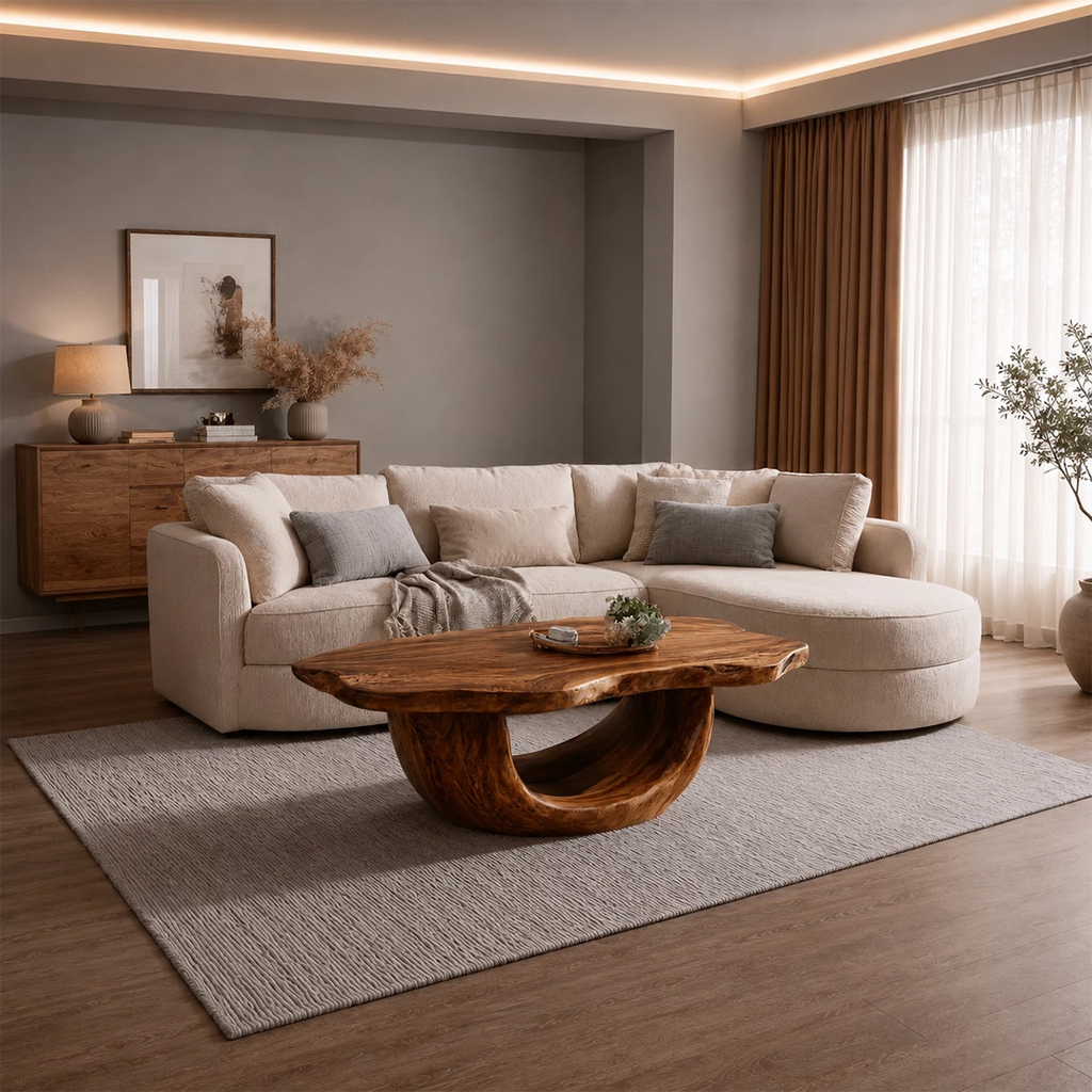 Organic Solid Wood Coffee Table With Sculptural Hollow Base And Live Edge Top For Modern Living Room