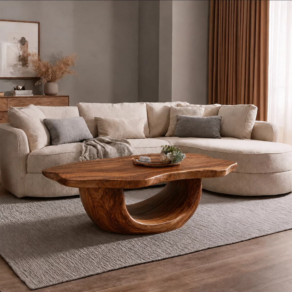 Organic Solid Wood Coffee Table With Sculptural Hollow Base And Live Edge Top For Modern Living Room