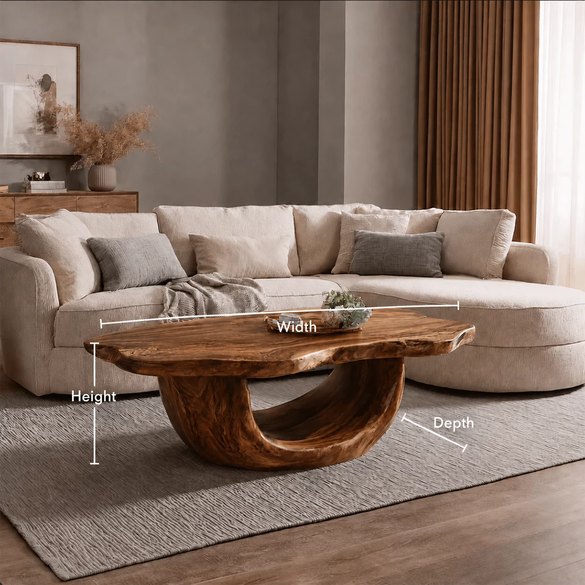 Organic Solid Wood Coffee Table With Sculptural Hollow Base And Live Edge Top For Modern Living Room