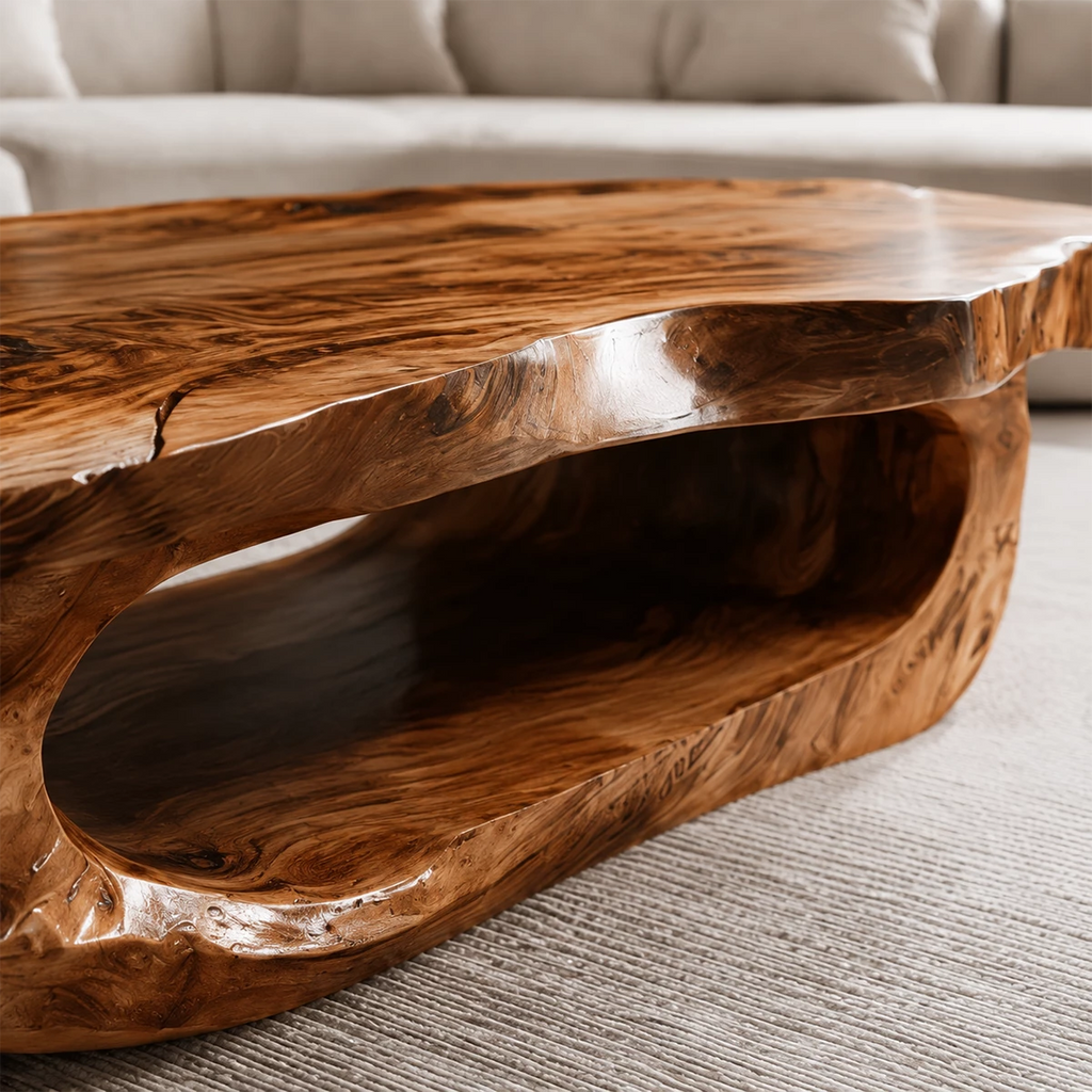 Organic Solid Wood Coffee Table With Live Edge Top And Sculptural Hollow Base For Modern Living Room