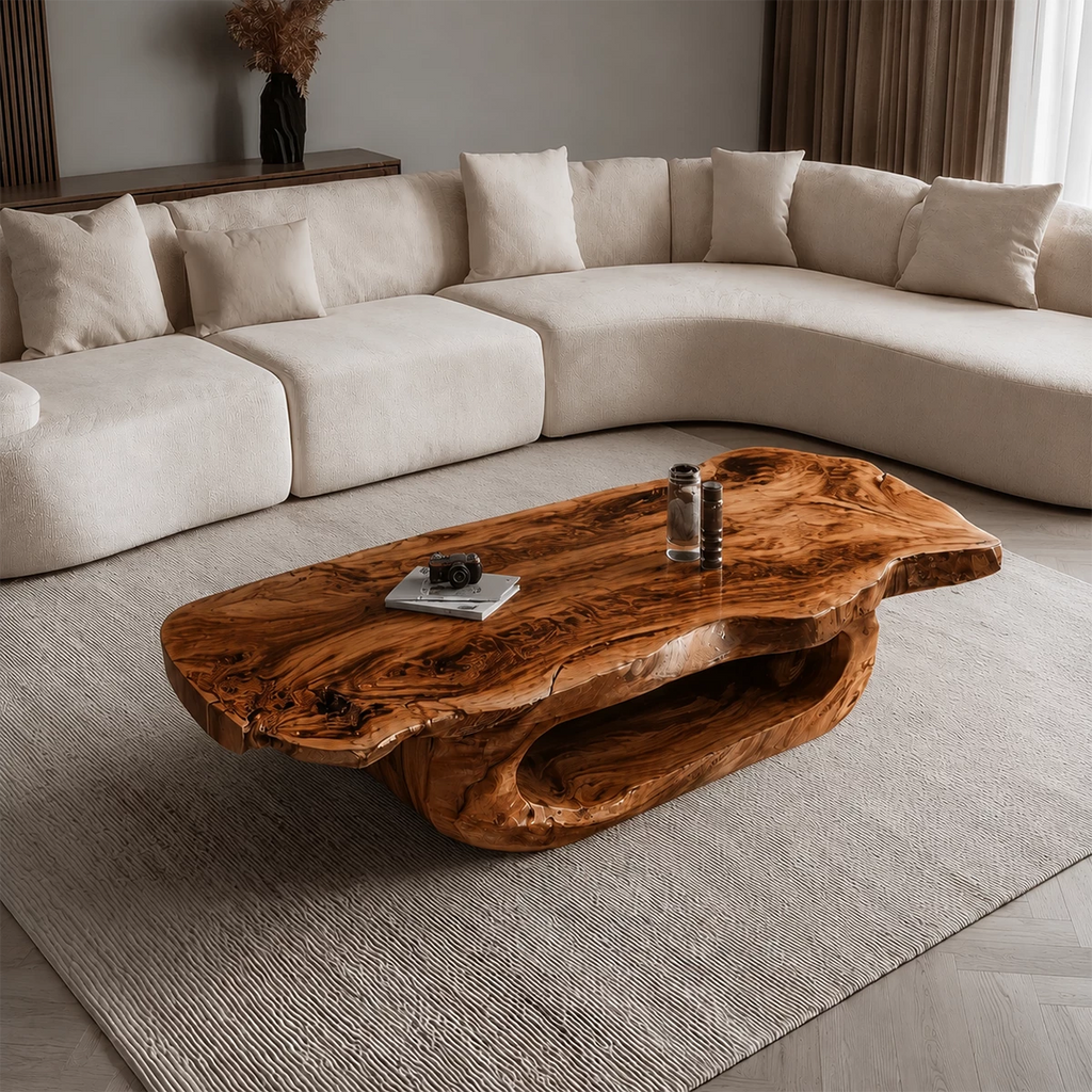 Organic Solid Wood Coffee Table With Live Edge Top And Sculptural Hollow Base For Modern Living Room