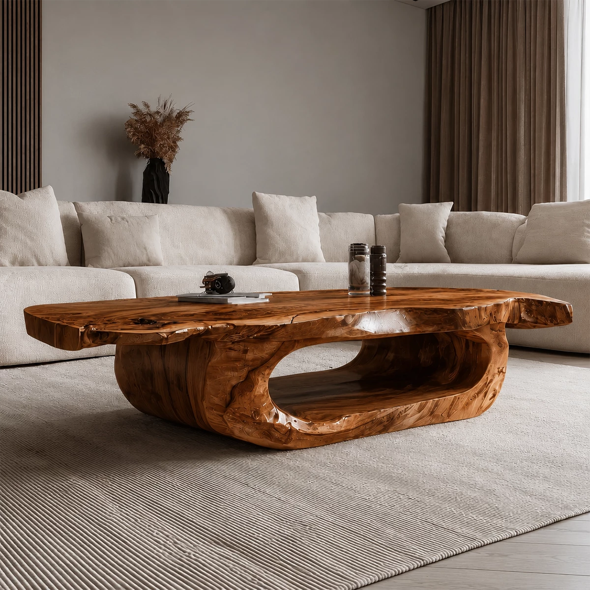 Organic Solid Wood Coffee Table With Live Edge Top And Sculptural Hollow Base For Modern Living Room
