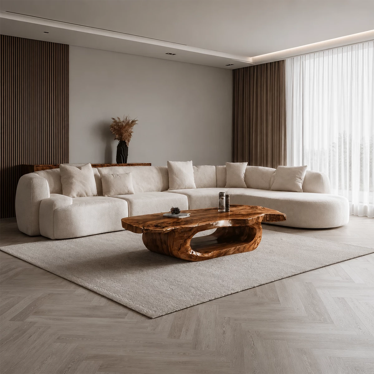 Organic Solid Wood Coffee Table With Live Edge Top And Sculptural Hollow Base For Modern Living Room