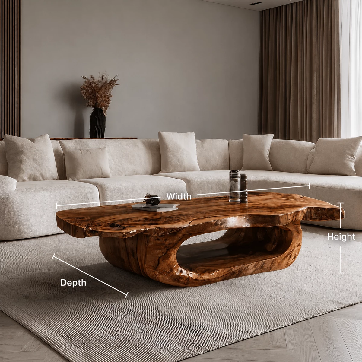 Organic Solid Wood Coffee Table With Live Edge Top And Sculptural Hollow Base For Modern Living Room