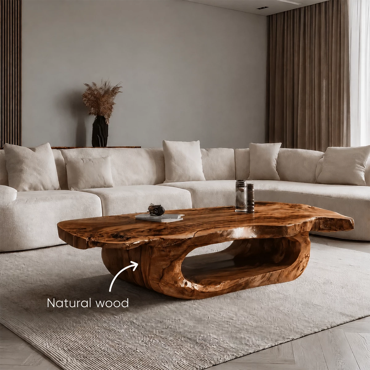 Organic Solid Wood Coffee Table With Live Edge Top And Sculptural Hollow Base For Modern Living Room
