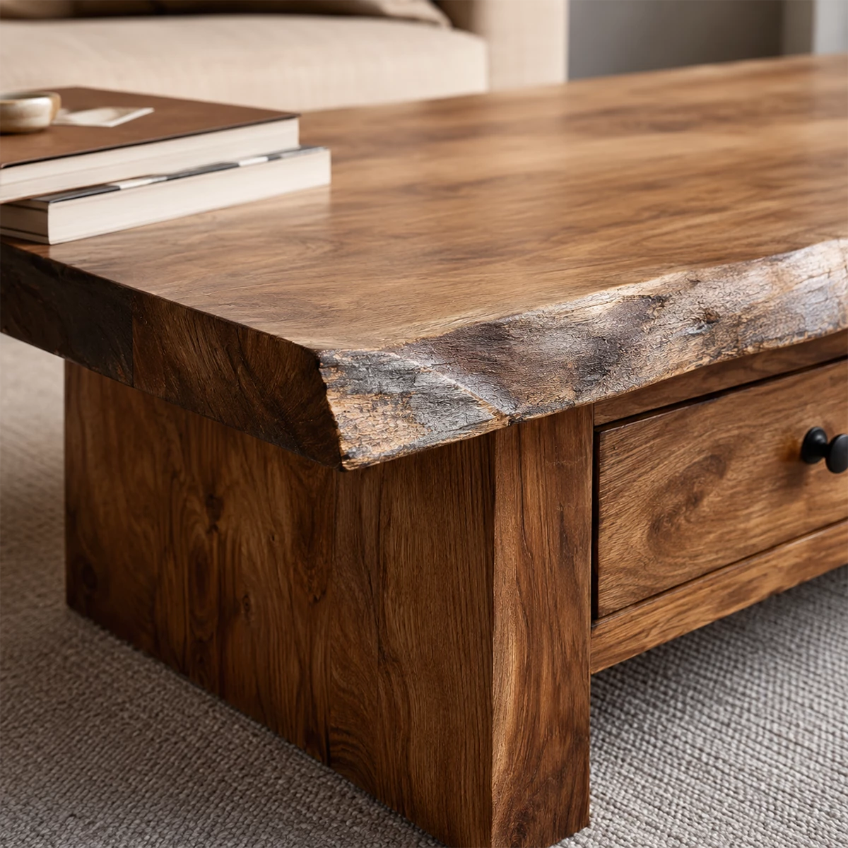 Rustic Solid Wood Coffee Table With Live Edge Top And Double Storage Drawers For Modern Living Room