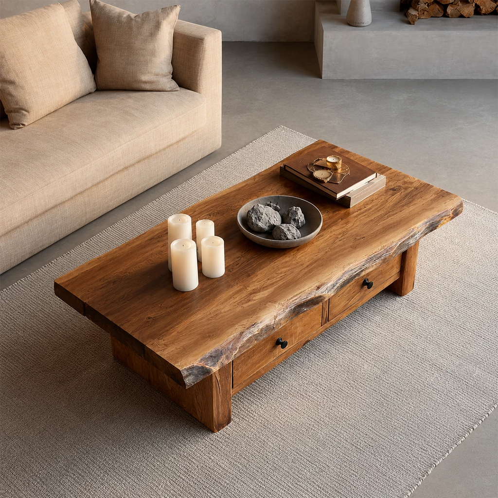Rustic Solid Wood Coffee Table With Live Edge Top And Double Storage Drawers For Modern Living Room