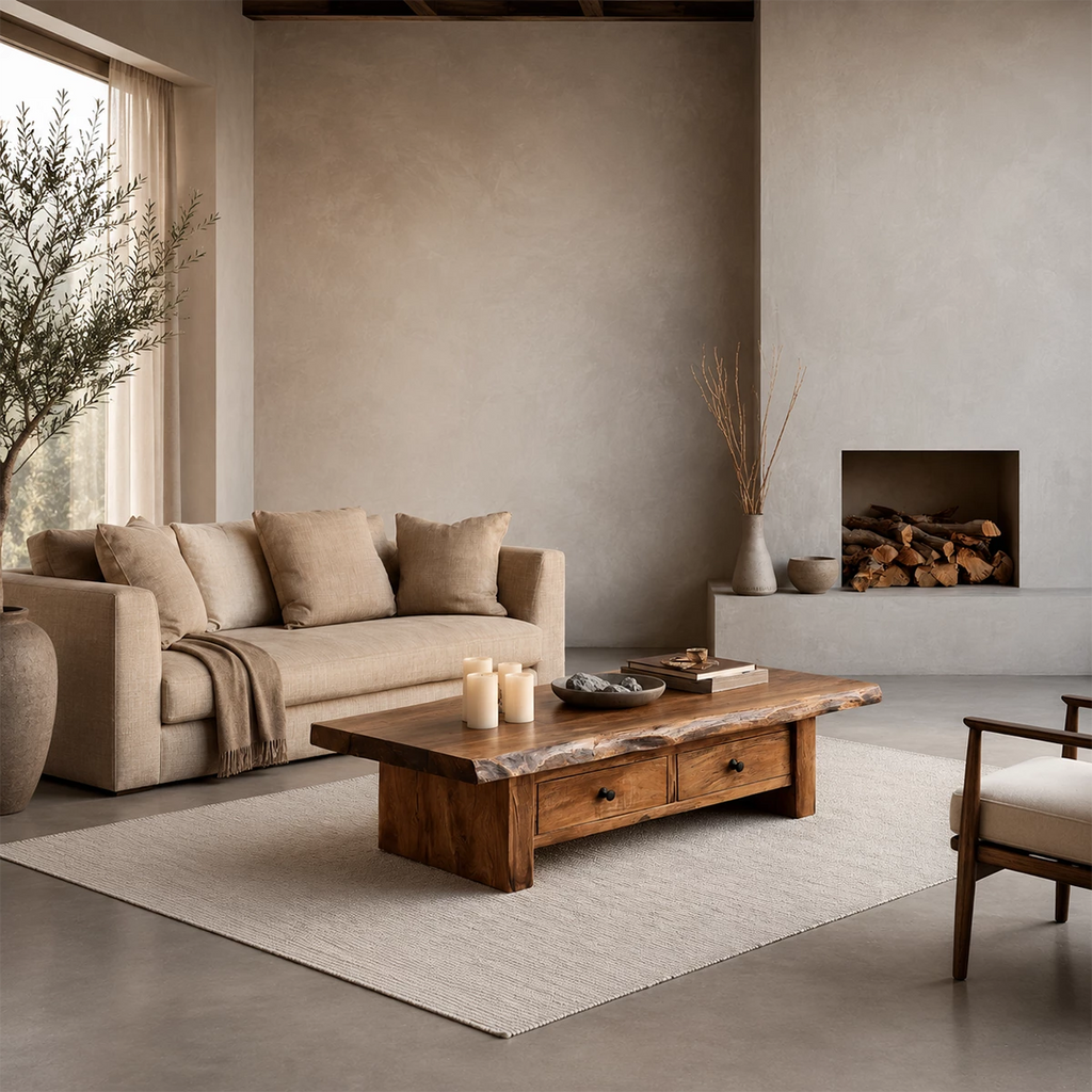 Rustic Solid Wood Coffee Table With Live Edge Top And Double Storage Drawers For Modern Living Room
