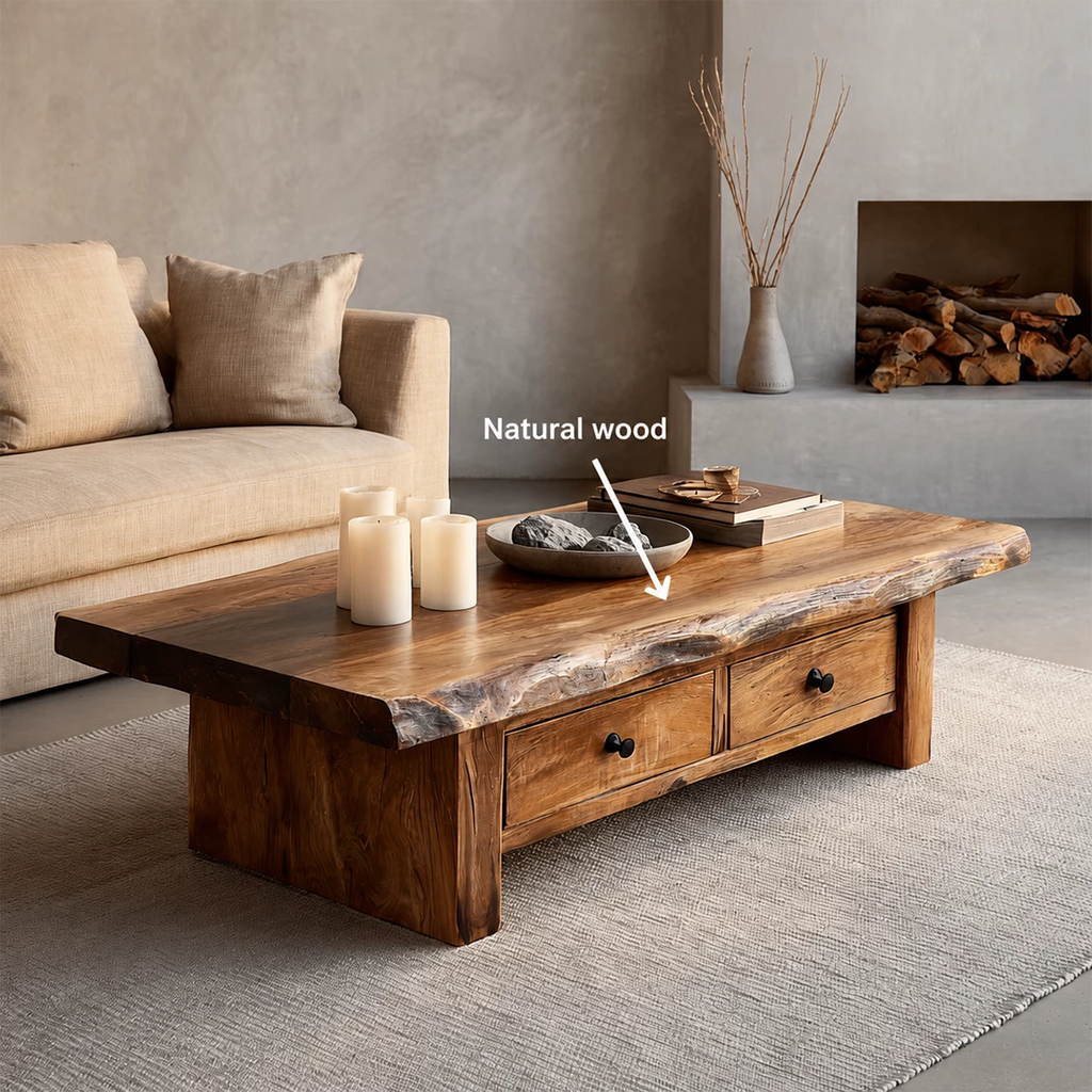 Rustic Solid Wood Coffee Table With Live Edge Top And Double Storage Drawers For Modern Living Room