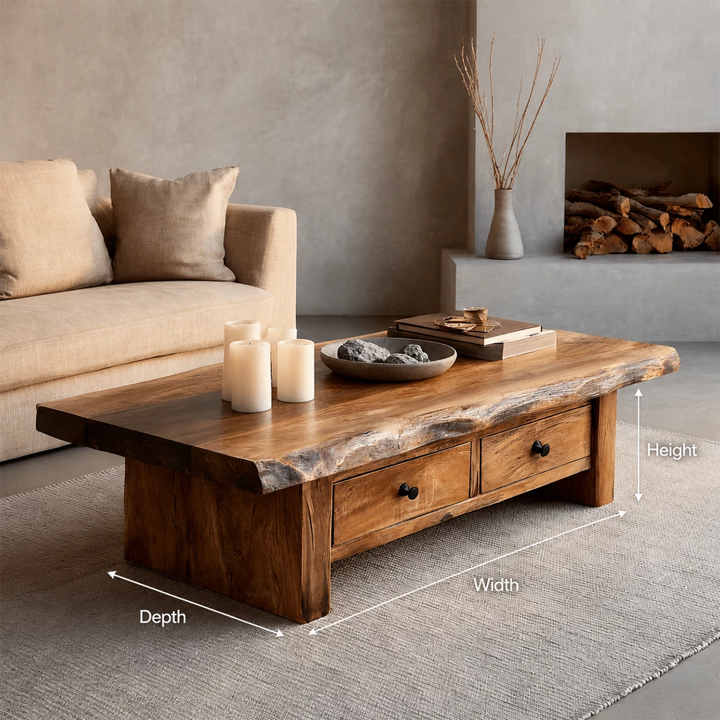 Rustic Solid Wood Coffee Table With Live Edge Top And Double Storage Drawers For Modern Living Room