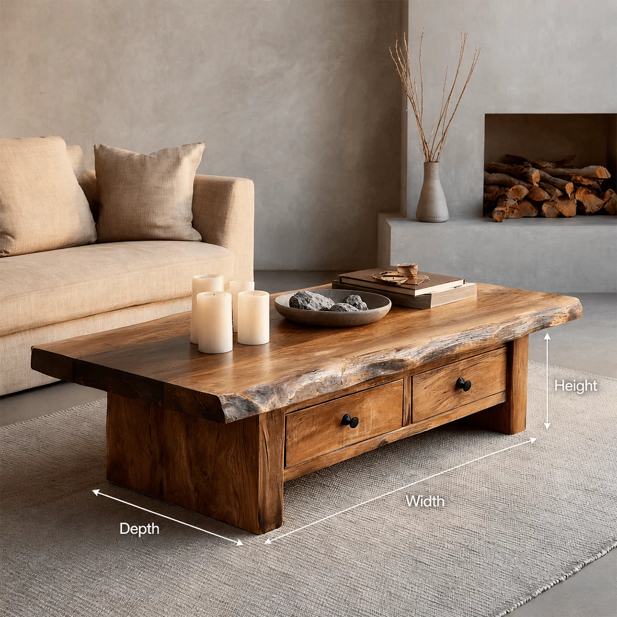 Rustic Solid Wood Coffee Table With Live Edge Top And Double Storage Drawers For Modern Living Room